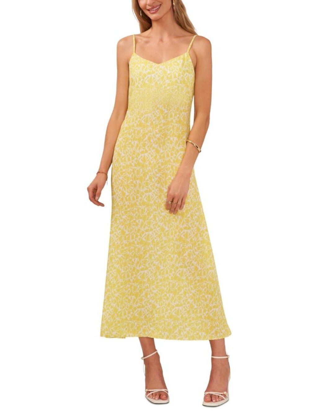 Vince Camuto Women's Printed V-Neck Spaghetti-Strap Midi Dress Bright Lemon S